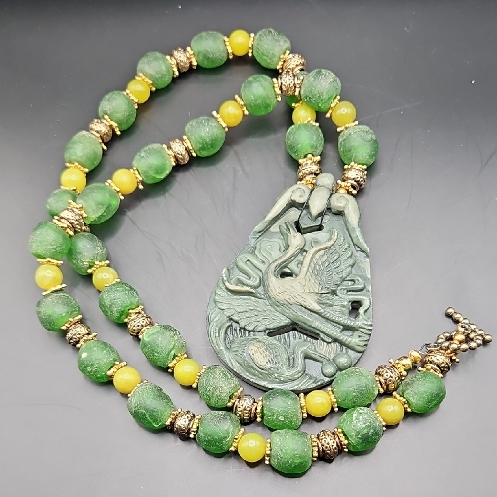 Green and Yellow Beaded Necklace with Dragon Pendant